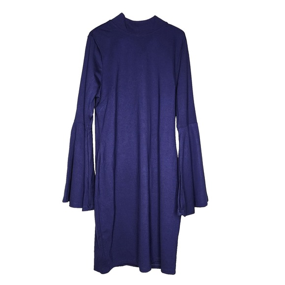 VENUS Dresses & Skirts - Venus Blue Dress Bell Sleeve Mock Neck Stretch Zipper Bodycon Whimsigoth XL